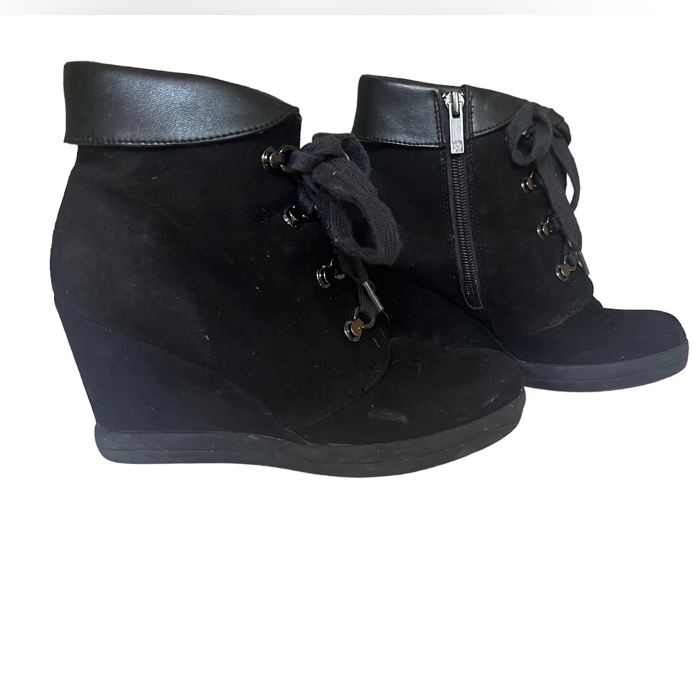 Anne Klein Black Suede Joely Lace-Up Wedge Booties Size 6
